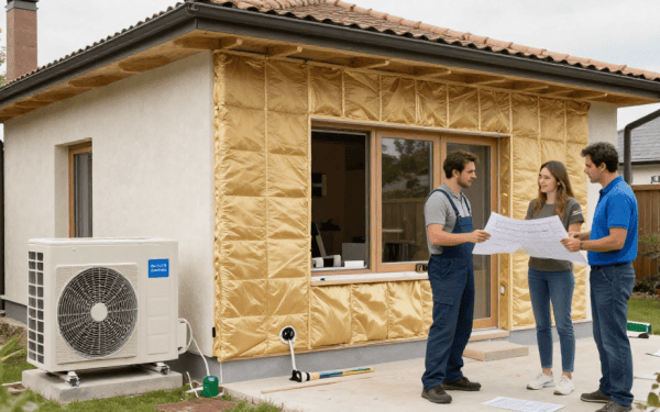Travailleurs discutant devant une maison en construction avec isolation en cours d'installation.