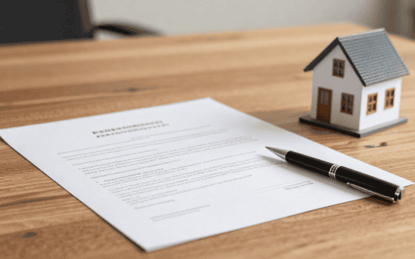 Contrat de construction maison avec plans et devis détaillés, posé sur une table en bois avec une petite maquette de maison à côté, illustrant un projet immobilier.