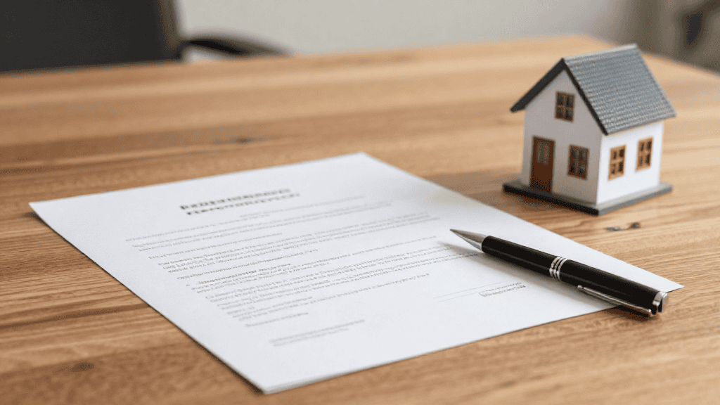 Contrat de construction maison avec plans et devis détaillés, posé sur une table en bois avec une petite maquette de maison à côté, illustrant un projet immobilier.