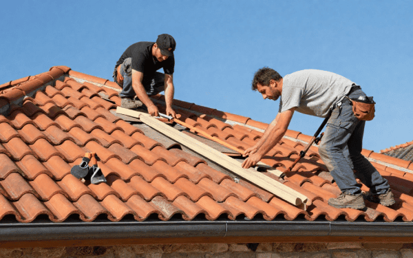 Travailleurs professionnels installant des tuiles en terre cuite pour une toiture durable et esthétique.