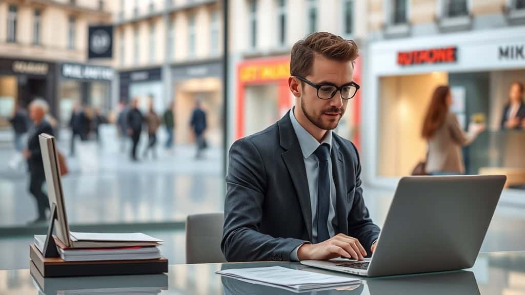 Homme professionnel en costume travaillant sur un ordinateur portable dans un espace de bureau moderne et lumineux.