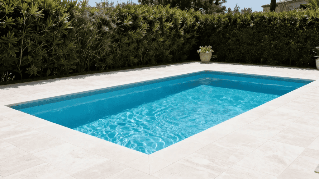 Balcon de piscine extérieure avec eau bleue claire, entourée de dalles en pierre naturelle, dans un jardin paysager avec haies vertes.