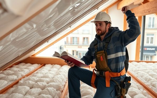 Ouvrier en construction vérifiant l'isolation du toit avec ouate, dans un espace sous toiture, pour améliorer l'efficacité énergétique.