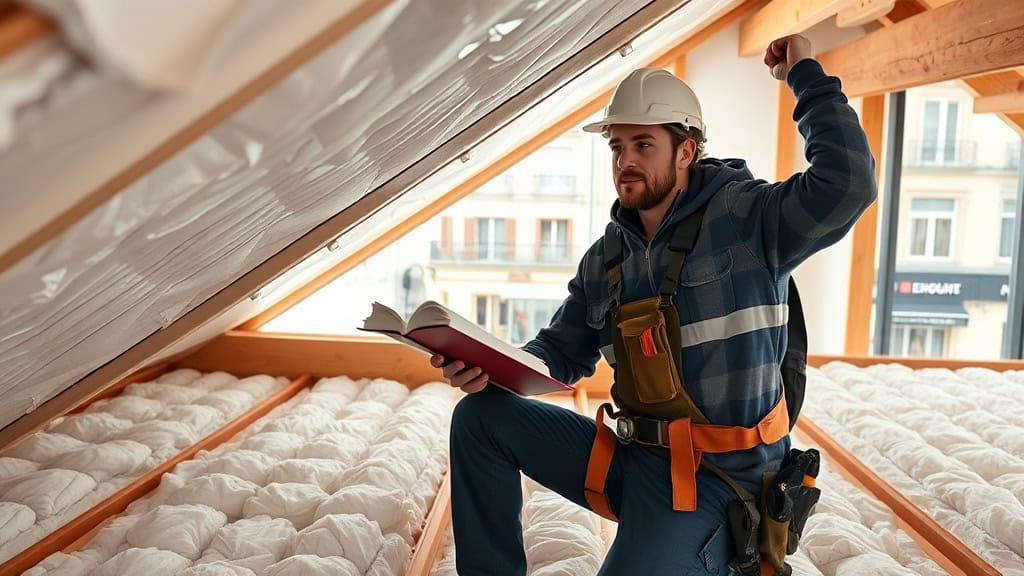 Ouvrier en construction vérifiant l'isolation du toit avec ouate, dans un espace sous toiture, pour améliorer l'efficacité énergétique.