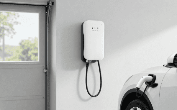Panneau de recharge électrique mural pour véhicules électriques, installé dans un garage moderne, facilitant la recharge à domicile.