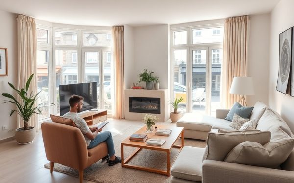 Salon lumineux avec grandes fenêtres, canapé beige, fauteuil orange, cheminée électrique et décoration contemporaine, idéal pour un espace de vie moderne et accueillant.