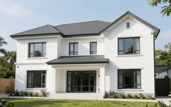 Maison contemporaine avec façade blanche, fenêtres panoramiques et toit en ardoise.
