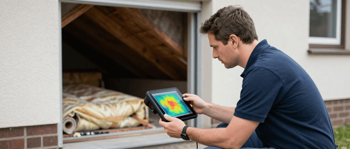 Diagnostic thermique d'une maison par un professionnel, utilisant une tablette pour détecter les pertes de chaleur et améliorer l'efficacité énergétique.