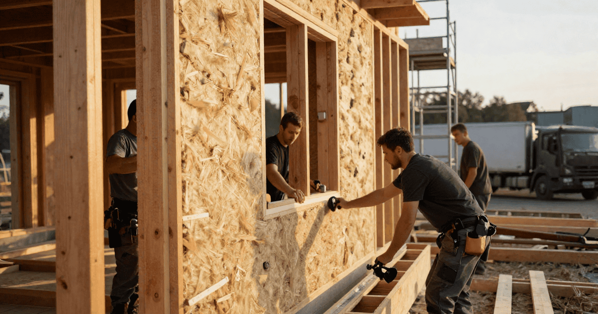 Ouvriers en train de travailler sur la structure en bois d'une maison en construction, utilisant des outils pour fixer les panneaux en OSB.