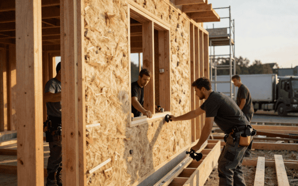 Ouvriers en train de travailler sur la structure en bois d'une maison en construction, utilisant des outils pour fixer les panneaux en OSB.