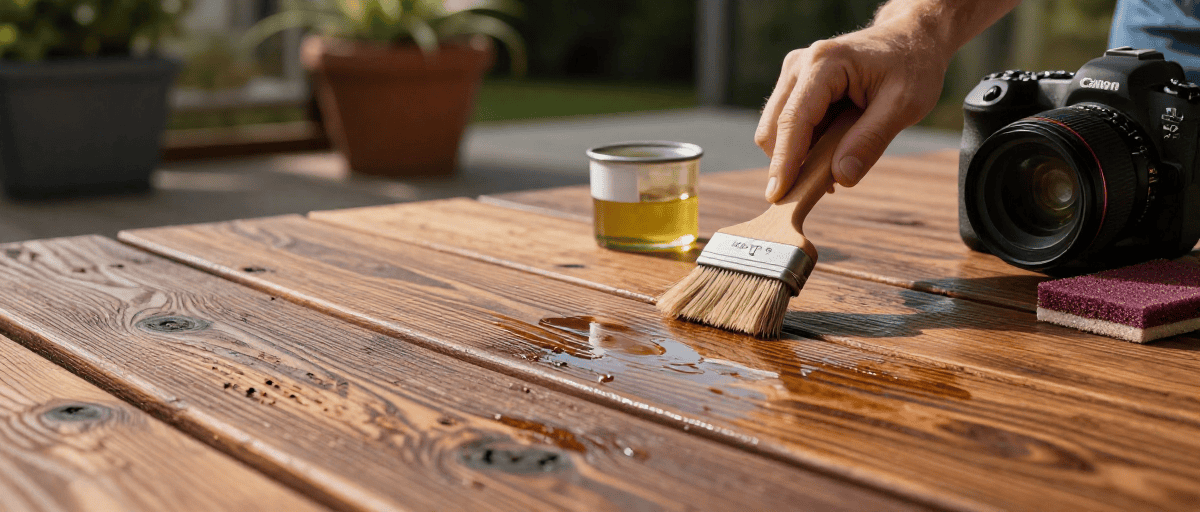 Baladez-vous dans un espace extérieur en bois traité, parfait pour la rénovation ou la construction de terrasses, avec des outils professionnels et un nettoyage précis.