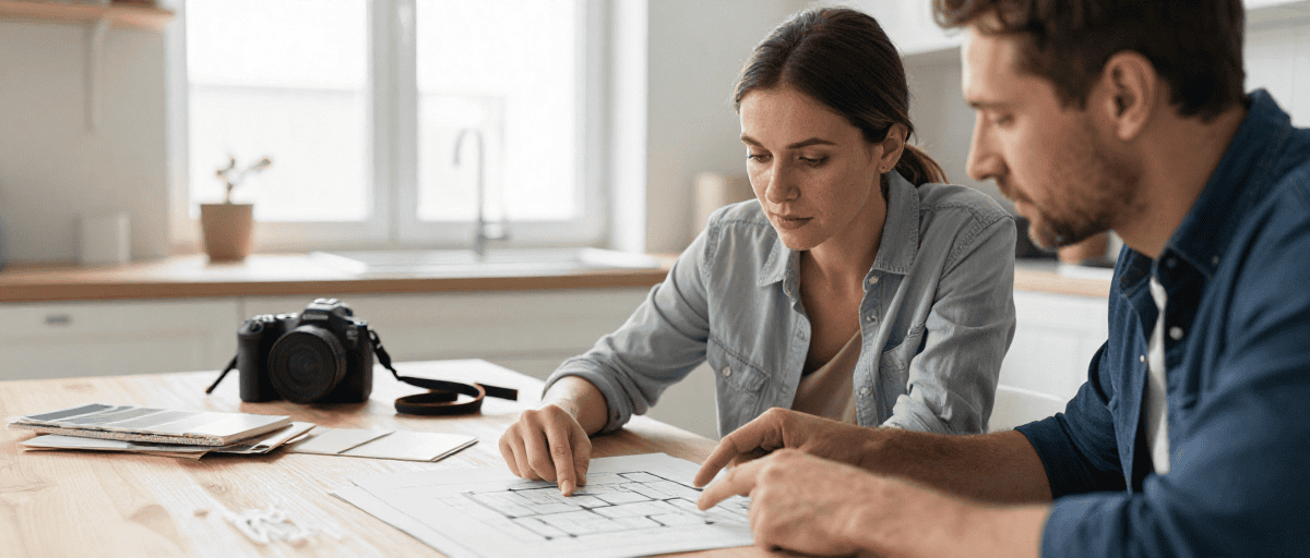 Deux professionnels en réunion discutant de plans pour des projets extérieurs, avec des documents, un appareil photo et des plans sur une table dans un environnement lumineux.
