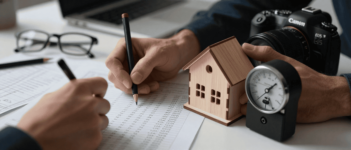 Maison en modélisation avec outils de construction et appareil photo.