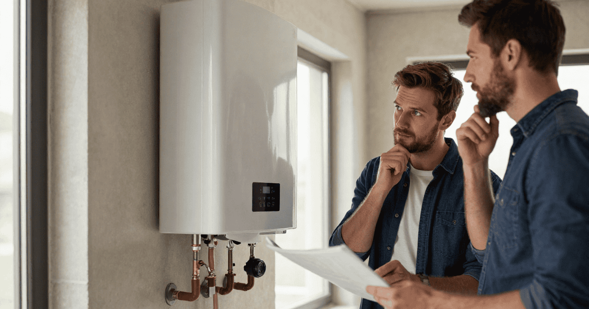 Chaudière à gaz moderne installée dans une maison, avec deux hommes en discussion, illustrant l'entretien ou la vérification d'un système de chauffage central.