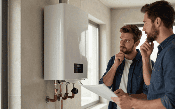 Chaudière à gaz moderne installée dans une maison, avec deux hommes en discussion, illustrant l'entretien ou la vérification d'un système de chauffage central.