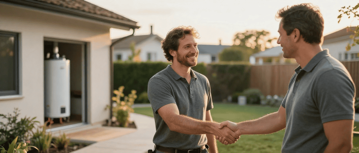 Deux hommes se serrent la main dans un jardin bien aménagé, illustrant un projet d'aménagement extérieur réussi par 123 Outdoor, spécialiste en aménagement paysager et travaux extérieurs.