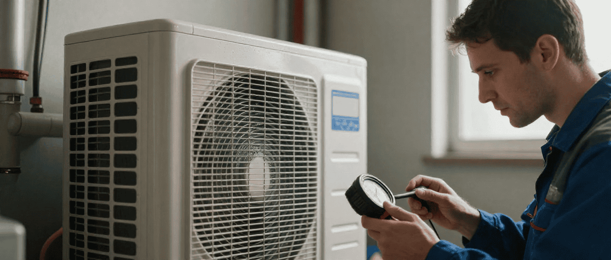 Technicien vérifiant une unité de climatisation extérieure pour assurer un fonctionnement optimal, installation et maintenance par 123 Outdoor.