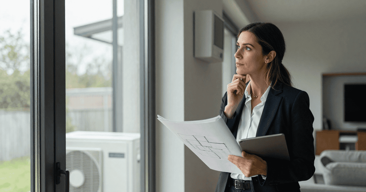 Femme d'affaires réfléchissant devant une grande baie vitrée, tenant des plans et un ordinateur portable, dans un intérieur contemporain, symbolisant la planification de projets de construction extéri.