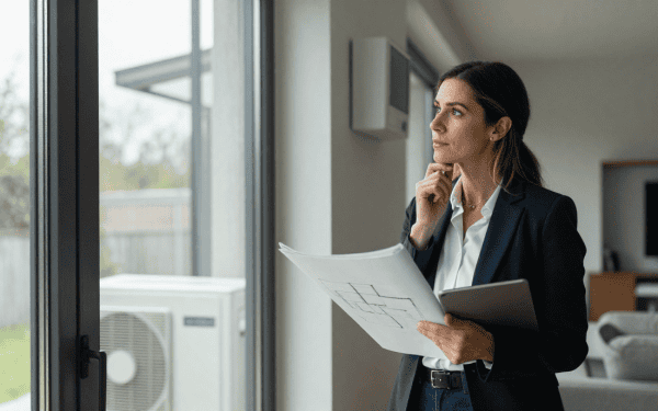 Femme d'affaires réfléchissant devant une grande baie vitrée, tenant des plans et un ordinateur portable, dans un intérieur contemporain, symbolisant la planification de projets de construction extéri.