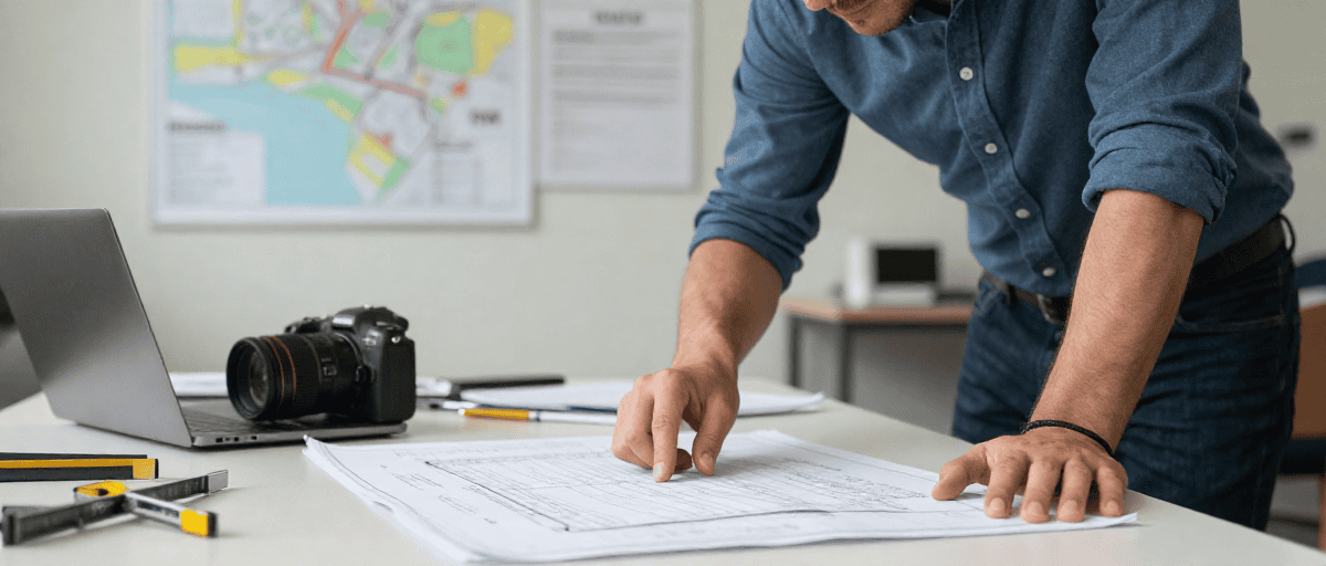 Plan de construction extérieur avec un professionnel, montrant un homme en train de vérifier des plans sur un bureau, pour des travaux d'aménagement extérieur.
