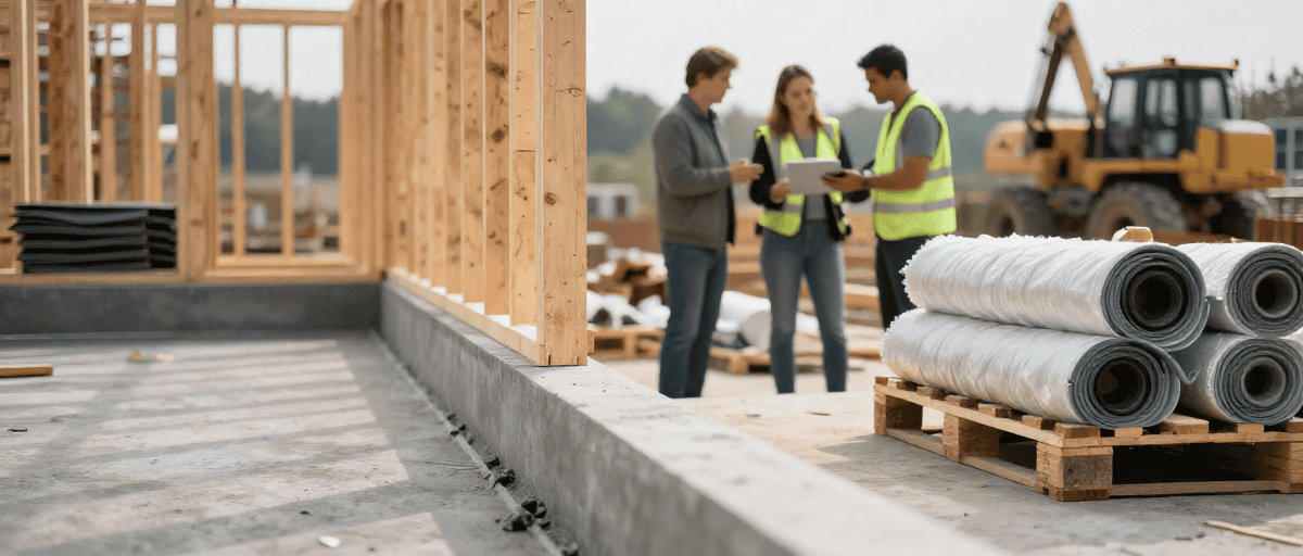 Équipe de professionnels en construction de maison en bois, discutant sur le chantier avec matériel et machines de construction visibles.