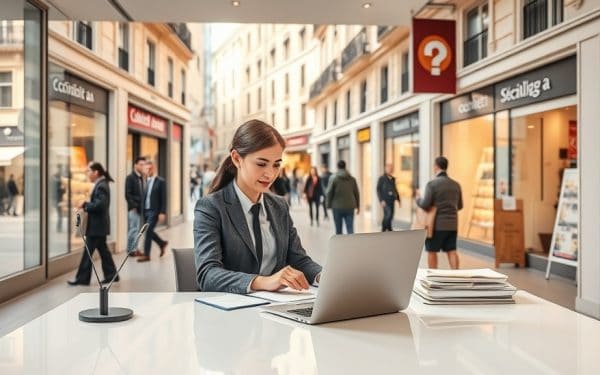 Vendeuse professionnelle utilisant un ordinateur portable dans une rue commerçante animée, entourée de boutiques et de passants.