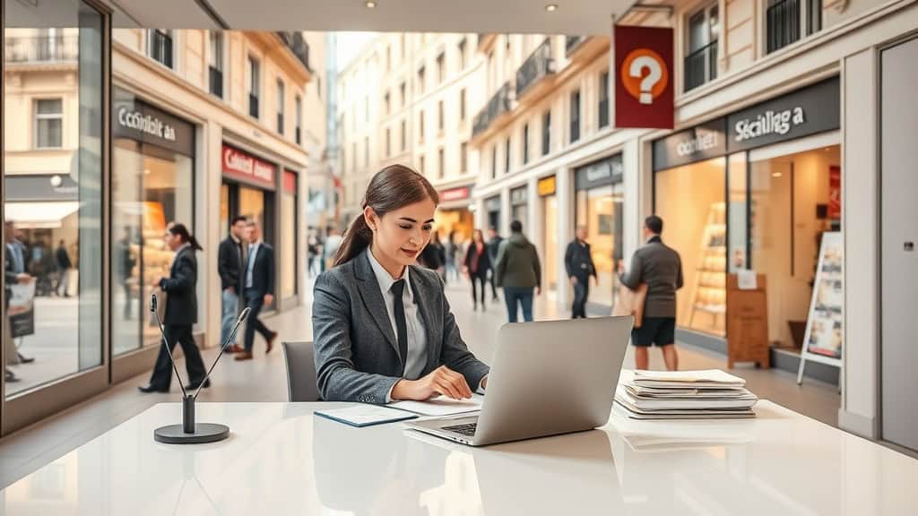 Vendeuse professionnelle utilisant un ordinateur portable dans une rue commerçante animée, entourée de boutiques et de passants.