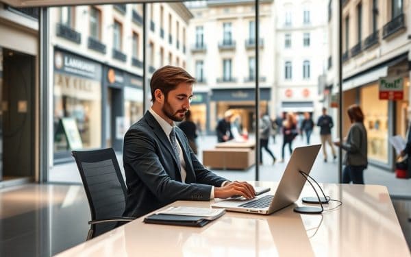 Homme d'affaires travaillant sur un ordinateur portable dans un espace de coworking en centre-ville, avec vue sur une rue commerçante animée.