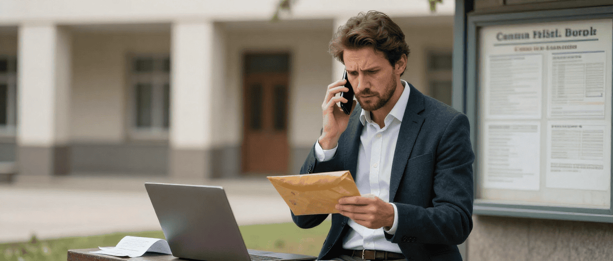 Homme d'affaires parlant au téléphone, tenant un document, devant un bâtiment avec panneau d'affichage.