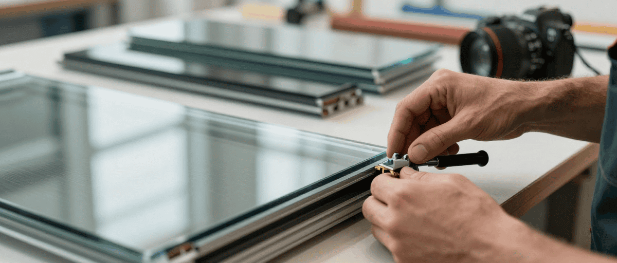 Personne ajustant une fenêtre en verre lors d'une installation, avec outils et matériaux de construction sur un bureau.
