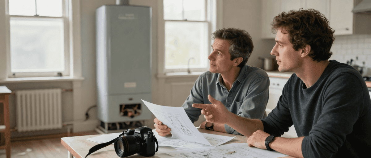 Deux hommes discutent d'un projet de construction d'une terrasse extérieure dans un intérieur lumineux, avec plans et appareil photo sur la table.