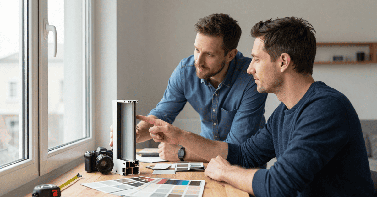 Porte-fenêtre en aluminium moderne avec deux hommes en discussion, examinant des échantillons et des plans pour un projet de construction ou de rénovation.