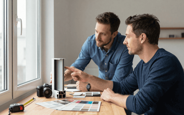 Porte-fenêtre en aluminium moderne avec deux hommes en discussion, examinant des échantillons et des plans pour un projet de construction ou de rénovation.
