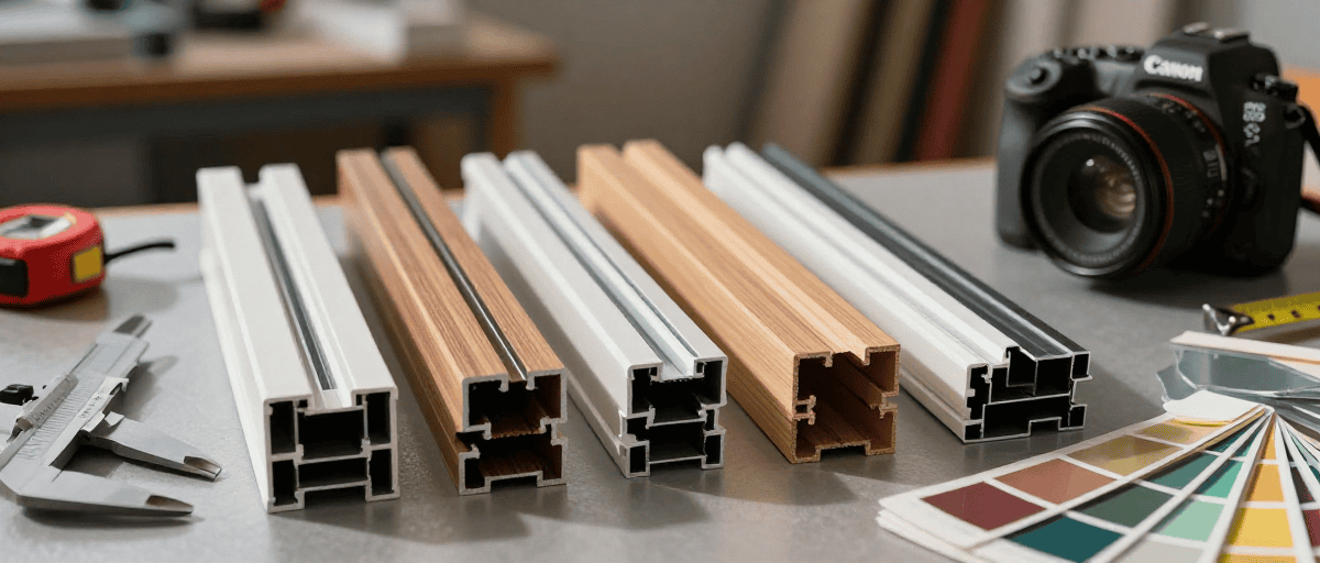 Échantillons de profils en aluminium et bois pour menuiseries extérieures, avec outils et palette de couleurs, adaptés à la construction et rénovation.