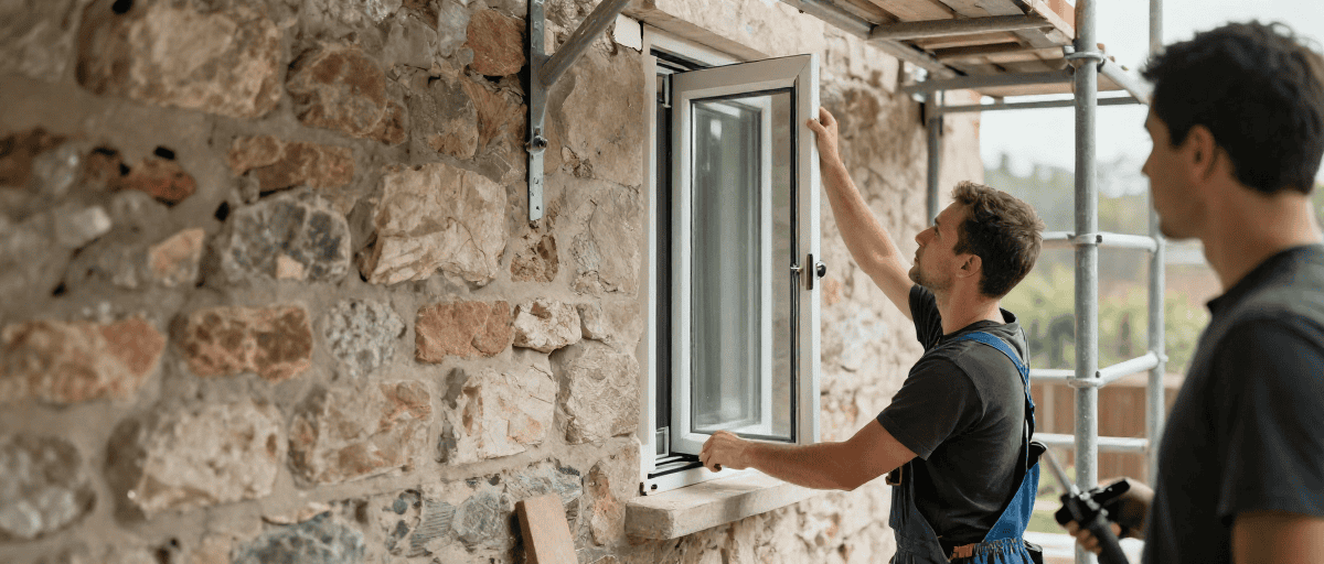 Fenêtres en cours d'installation par des professionnels sur une façade en pierre, illustrant des travaux de construction extérieure et de rénovation.