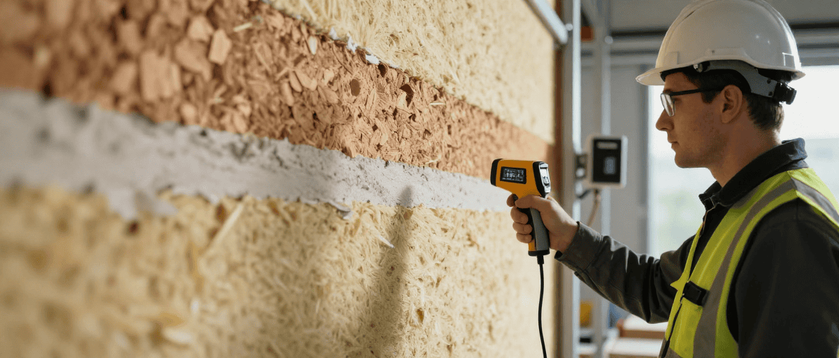 Technicien en train de mesurer l'isolation thermique par projection de liège sur un mur intérieur pour améliorer l'efficacité énergétique.