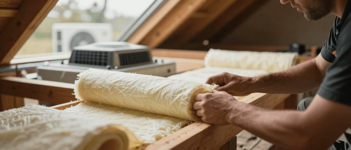 Travail de pose d'isolant pour l'aménagement extérieur par un professionnel de la construction.