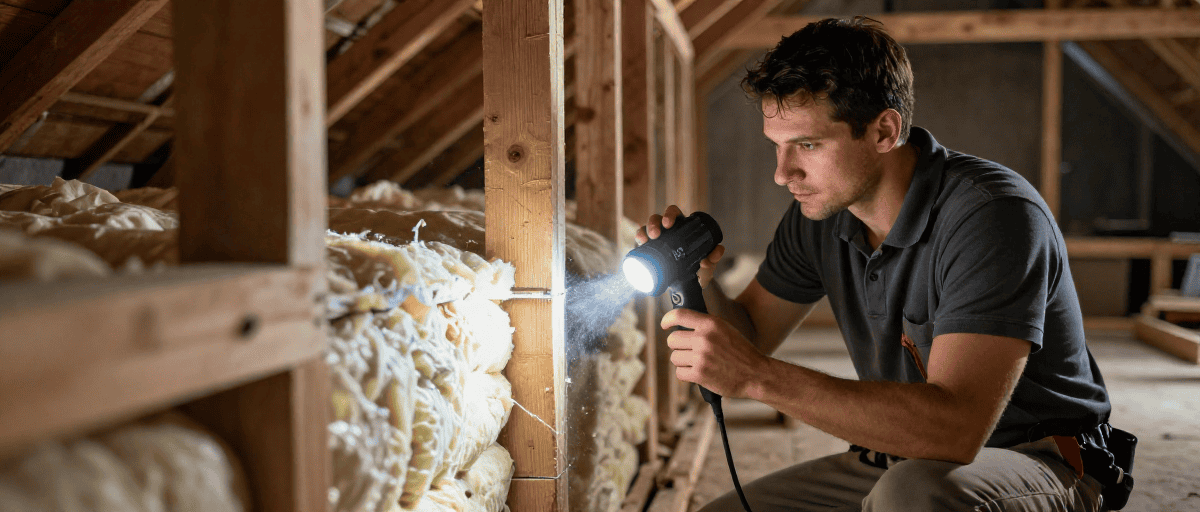 Inspection thermique d'une structure en bois avec une lampe de poche.