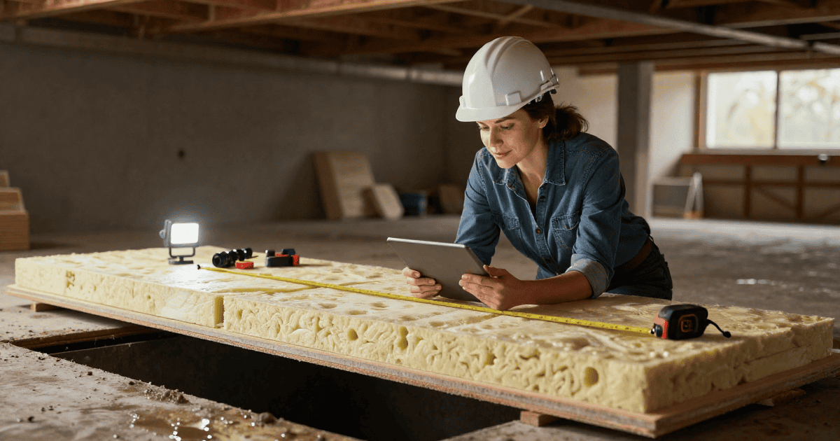 Femme architecte ou ingénieure en casque de sécurité, utilisant une tablette pour vérifier un panneau d'isolation dans une construction en cours.