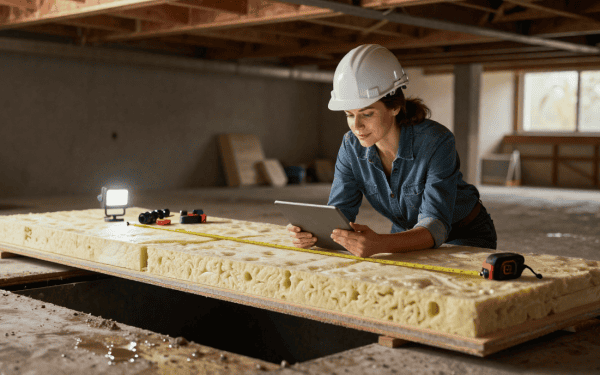 Femme architecte ou ingénieure en casque de sécurité, utilisant une tablette pour vérifier un panneau d'isolation dans une construction en cours.