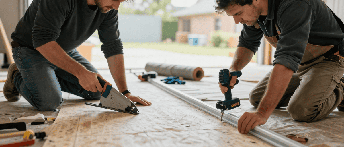 Travailleurs posant un plancher en bois pour un aménagement extérieur, utilisant des outils électriques et des matériaux de construction pour créer un espace extérieur esthétique et fonctionnel.