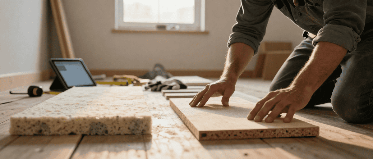 Artisan posant des panneaux de bois dans une pièce en rénovation, avec outils et matériaux de construction visibles, illustrant un projet de rénovation intérieure.
