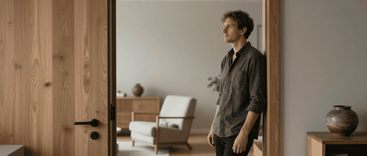 Homme moderne dans un intérieur élégant, avec porte en bois et décoration minimaliste, illustrant un design intérieur contemporain.