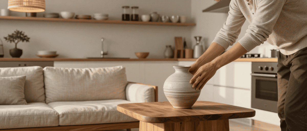 Vase décoratif en céramique placé sur une table en bois dans un salon moderne.