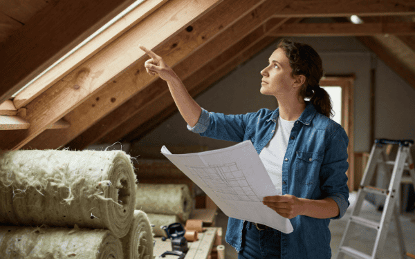 Plan de toiture en construction avec isolation, femme architecte inspectant le projet dans un espace sous toiture.