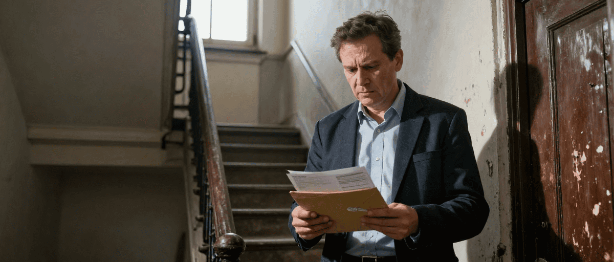 Homme d'affaires lisant des documents dans un bâtiment ancien.