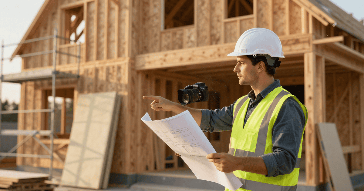Technicien en construction de maison en bois avec casque de sécurité, tenant des plans devant une maison en bois en construction.