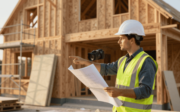 Technicien en construction de maison en bois avec casque de sécurité, tenant des plans devant une maison en bois en construction.