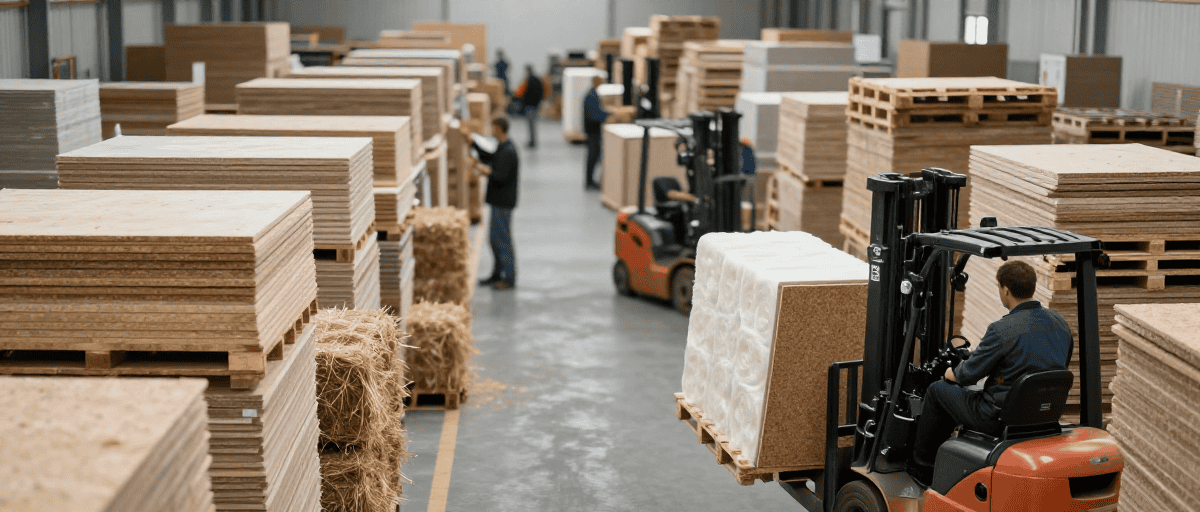 Vue d'un entrepôt avec des palettes de bois, des chariots élévateurs et des employés manipulant des matériaux pour la construction extérieure.