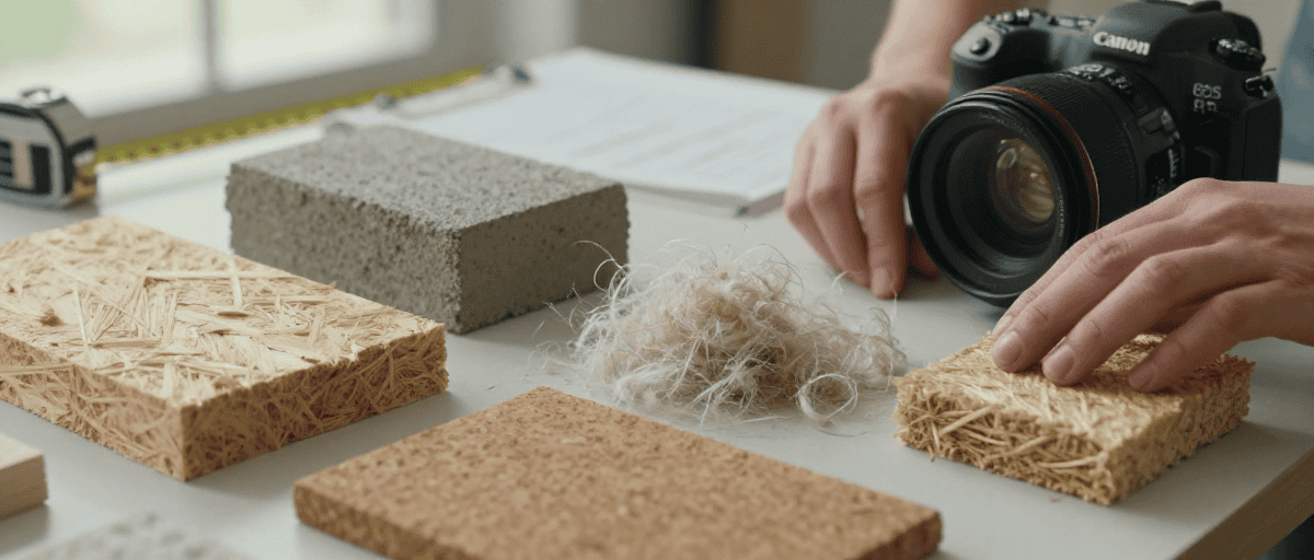 Outils et matériaux de construction extérieure, incluant béton, isolants et textures pour projets d'aménagement extérieur.